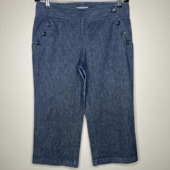 Ann Taylor Women's Blue Denim Wide Leg Mid-Rise Cropped Sailor Pants Sz 8 - Picture 1 of 11